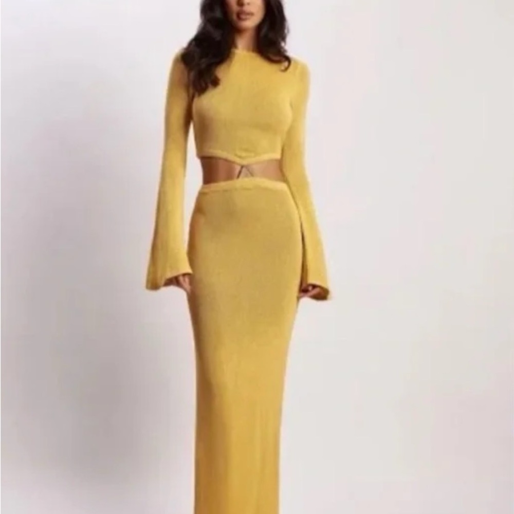 Meshki Anna flare Mustard Knit dress crochet, long sleeve . Yellow